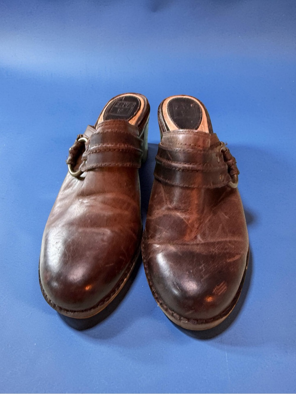 Frye Brown Leather Slip-On Clogs with Side Buckle